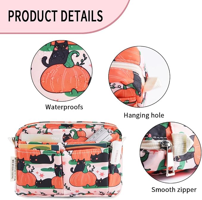E-WEICHEN Multiple Pockets Portfolio Organizer with Zippered, Makeup Bag Travel Essentials for Women, Simple Waterproof Stationery Pencil Pouch Bag for Journal Office Art Supplies.Pink Pumpkin