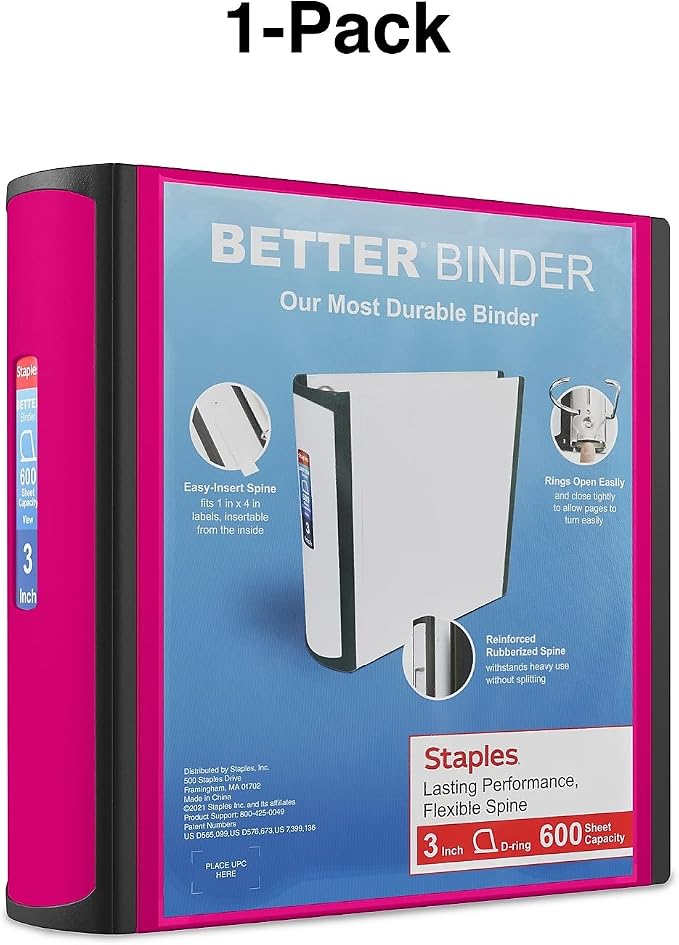 Staples Better Binder, 3" Heavy‑Duty D‑Ring 3‑Ring Binder, Pink, Reinforced Spine, 600‑Sheet Capacity, Durable Organizer for Office, School & Presentations, 2‑Pack