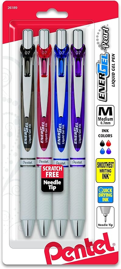Pentel EnerGel Pearl RTX Gel Pen, 0.7mm, Assorted Ink, 4 count | Retractable, Medium Line, Needle-tip, Black Pink Blue and Purple ink