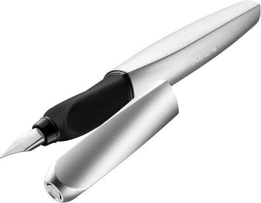 Pelikan Twist Fountain Pen with 1 Ink Cartridge, Medium Nib, Silver, Boxed (947101)