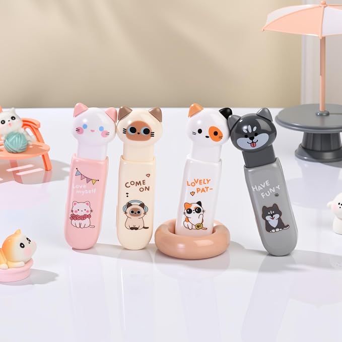 4-Count Cute Cat Correction Tape, Retractable Tape for School & Office | Cute cat design with smooth application and tear-resistant tape, perfect for correcting notes, homework and office documents.
