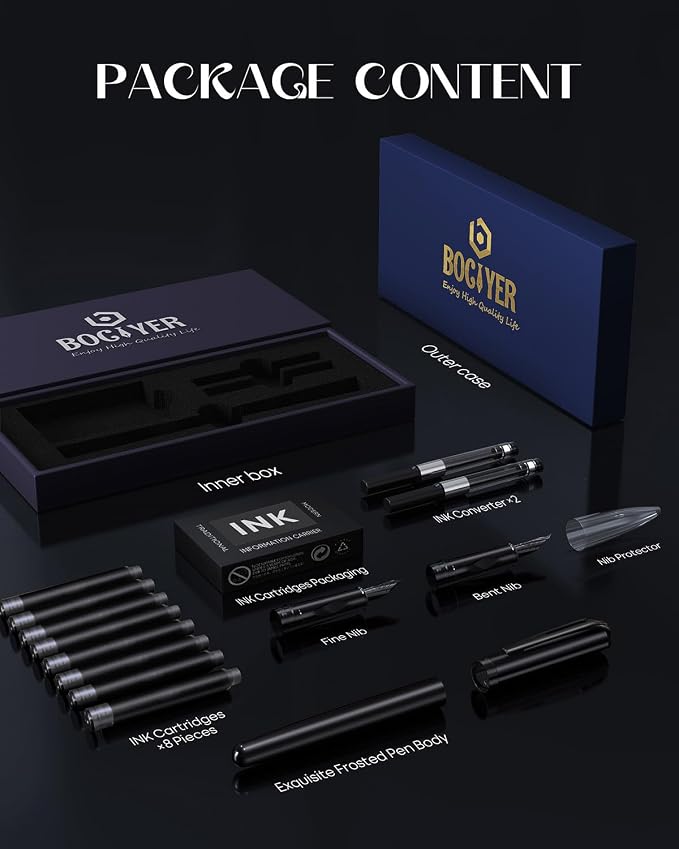 samurai Fountain Pen Set,Hand Polished Medium Nib,Calligraphy Nib(Bent Nib),Includes 8 Ink Cartridges,Ink Refill Converter*2 And Gift Box,Best Pen Gift Set for Men & Women（Black ）