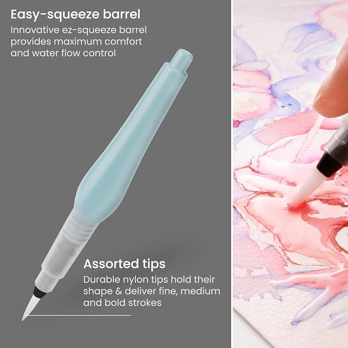 ARTEZA Water Brush Pens, Set of 4, Refillable Self-Moistening Watercolor Brush Pens with Assorted Round Nylon Tips for Painting, Calligraphy, Lettering and Travel