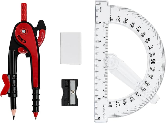 Vobou Compass and Protractor Set, 6 Inch Protractor with Swing Arm (Red) | Compasses for Math for Drafting, Sharpener, Eraser and 180 Degree 6 Inch Clear Protractor, Easy Grip, School Supplies