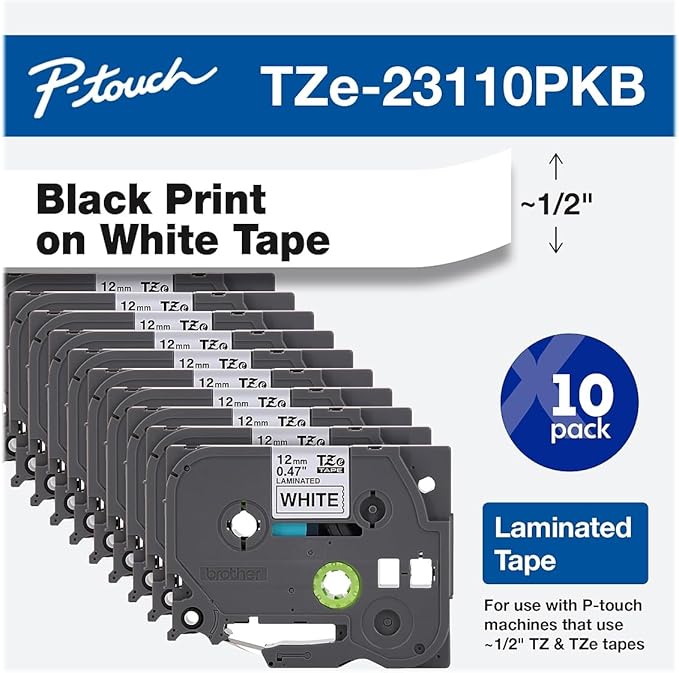 Brother Genuine P-Touch, TZe-231 10-Pack Tape (TZE23110PK) ½â€ (0.47â€) x 26.2 ft. (8m) (Pack of 10) Laminated P-Touch Tape, Black on White