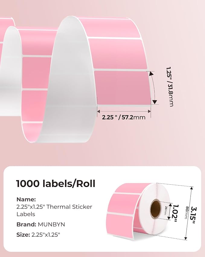 MUNBYN 2.25x1.25 Thermal Labels, 1000 Sheets/Roll, Pink | Strong Adhesive, Non BPA&BPS for Small Business, Shipping,Mailing, Bakery, Price Tag