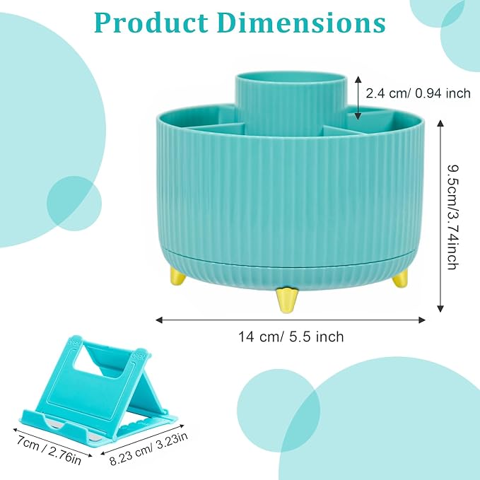 SAYEEC Rotating Pen Holder 5 Slots Desk Organizer with Adjustable Phone Stand Blue Makeup Brush Holder Organizer Cute Pencil Cup Pot Art Supply Storage Box Caddy for Office School Vanity Bathroom