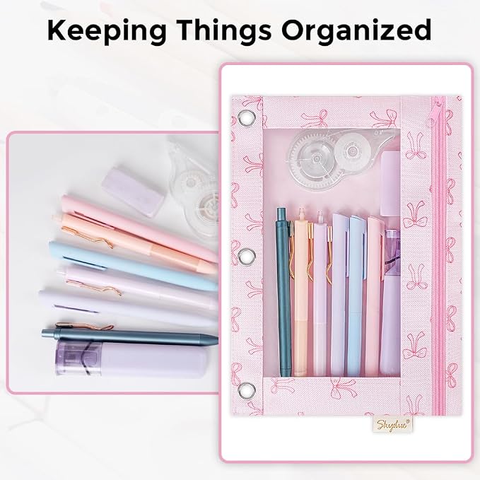 SKYDUE Pencil Pouches for 3 Ring Binder, Zipper Pencil Pouch for Girls Boys, Clear Window Pencil Bag, 3 Ring Pencil Pouch Case for Binder, Durable Organizer for School Supplies