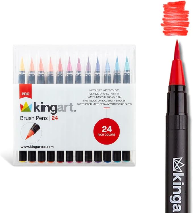 KINGART Pro Brush Pens, 24 Colors for Real Watercolor Painting with Flexible Nylon Brush Tips, Paint Markers for Coloring, Calligraphy and Drawing for Artists and Beginner Painters
