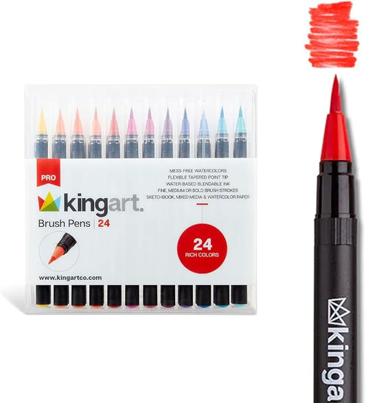 KINGART Pro Brush Pens, 24 Colors for Real Watercolor Painting with Flexible Nylon Brush Tips, Paint Markers for Coloring, Calligraphy and Drawing for Artists and Beginner Painters