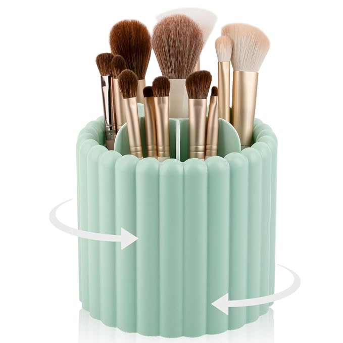 Rotating Makeup Brush Holder Organizer with Removable Dividers, Green | 7 Slots Make Up Brush Organizer 360 Spinning Cosmetic Storage Pen Holder for Desk, Vanity, Dresser