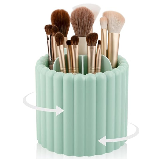 Rotating Makeup Brush Holder Organizer with Removable Dividers, Green | 7 Slots Make Up Brush Organizer 360 Spinning Cosmetic Storage Pen Holder for Desk, Vanity, Dresser