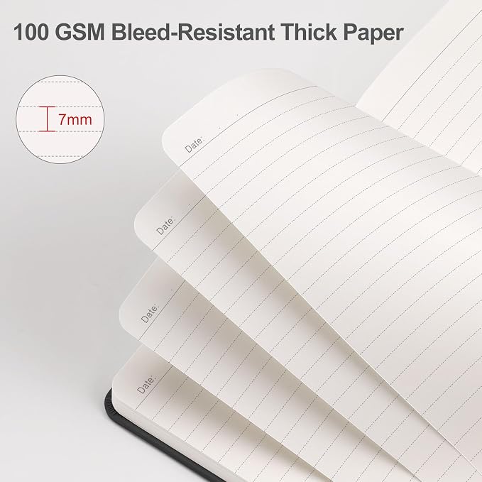 EMSHOI Lined Journal Notebook, 192 Numbered Pages, A5 Size (5.7'' x 8.3'') | Leather Hardcover, 100 GSM Thick Paper, for Women & Men, Journaling, Writing, Work & Office, Sun Debossed (Black)