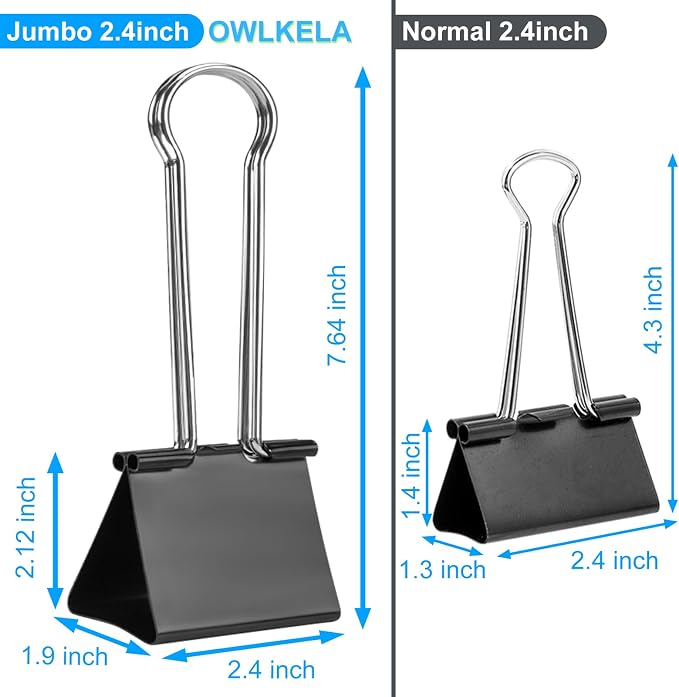 OWLKELA 2 Pack Binder Clips, 2.4 Inch, Black | Extra Jumbo Size, Large Paper Clamps,Ideal for Home, School and Office Supplies