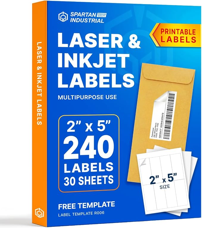 2" X 5" Matte White Printable Shipping Labels (30 Sheets, 240 Stickers) | Address and Mailing Labels for Laser & Inkjet Printers - Spartan Industrial Template R006