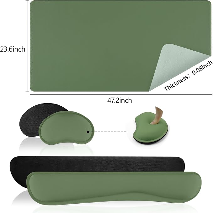 Green Leather Desk Pad and Keyboard Wrist Rest, 3in1 Mouse pad + Keyboard Wrist Rest + Mouse Wrist Rest, Non-Slip Waterproof Desk Writing Pad for Office and Home (47.2"×23.6")