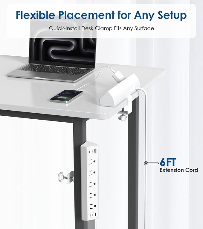 Jgstkcity Desk Clamp Power Strip USB C,Table Surge Protector | 1200J,Total 40W Charging Hub,5 Outlets & 6 USB,6FT Extension Cord,Fits 1.96" Desktop Edge,Office,Gaming,Dorm,White