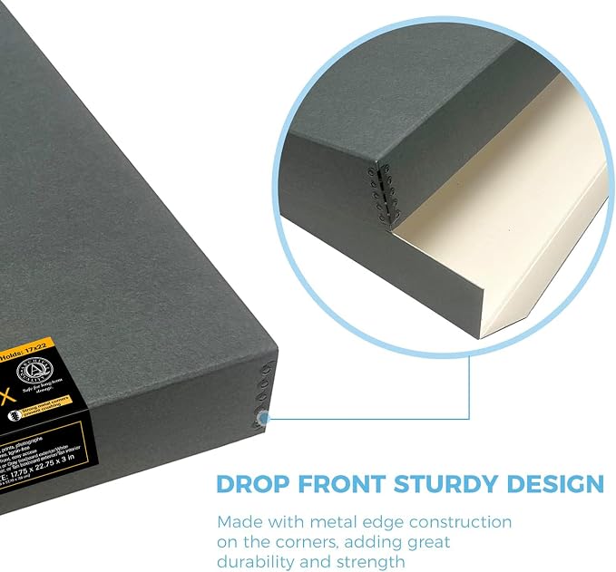 Lineco Museum Archival Storage Box, Drop Front, 17.75x22.75x3 in, Gray | Acid-Free with Metal Edge, Preserves Picture Longevity, Organize Photos, Newspapers, Prints, Documents, Crafts, DIY
