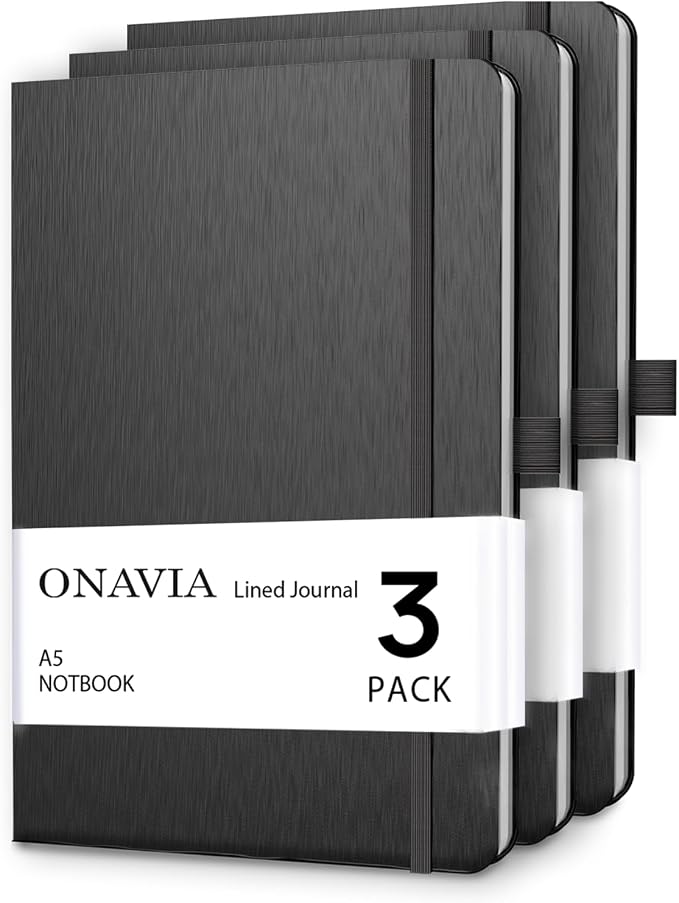 ONAVIA A5 Notebooks for Work, Lined Journal, 3 Pack, 160 Pages, Black | 80 Sheets, 5.8 x 8.3 in, Lay Flat, College Ruled, A5 Hardcover Journal, Lined Notebook for Work, School, Note Taking