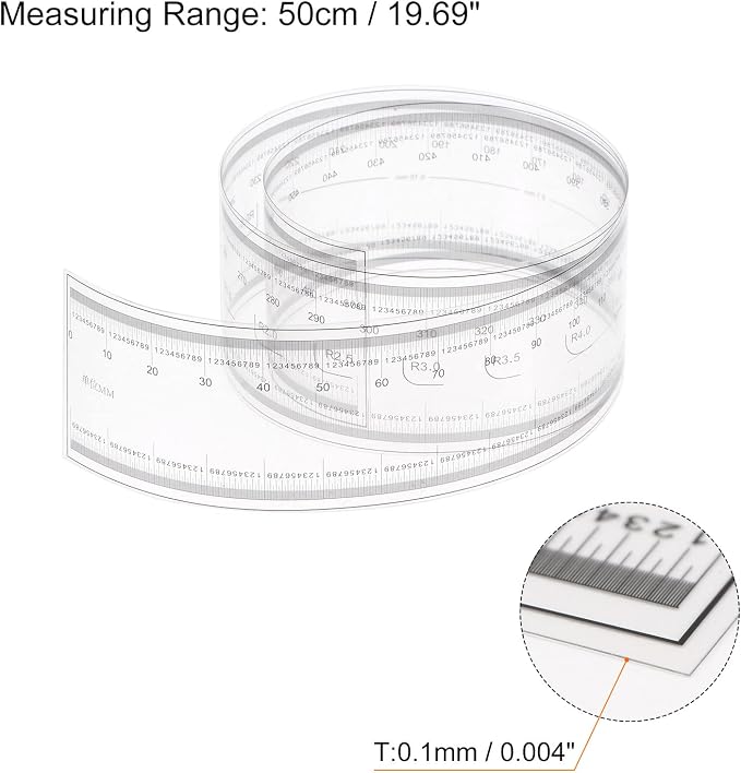 HARFINGTON Film Flexible Ruler 50cm 0.1mm Scale with R Angle & Width Lines PET Plastic Folding Straight Ruler Calibration Soft Ruler Measuring Tool for Factory, Transparent