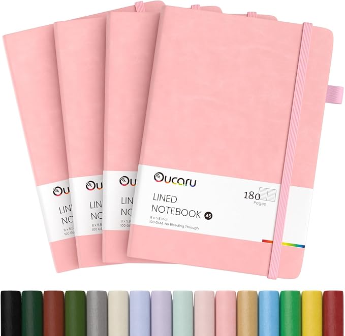 Oucaru Lined Journal Notebook, 4 Pack, 180 Pages, A5 Journals for Writing, 100 GSM Thick Paper, Small Notebooks Daily Journal for Women Men Work, Business, School, Travel Supplies