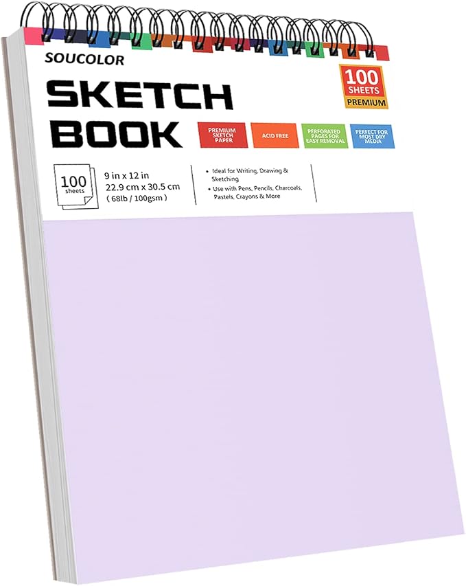 Soucolor 9x12 Sketch Book 2-Pack, 100 Sheets, Acid-Free, Spiral Bound | 68lb acid-free paper,micro-perforated pages,lay-flat spiral binding,ideal for kids, beginners & artists.Pink & purple 2-pack.