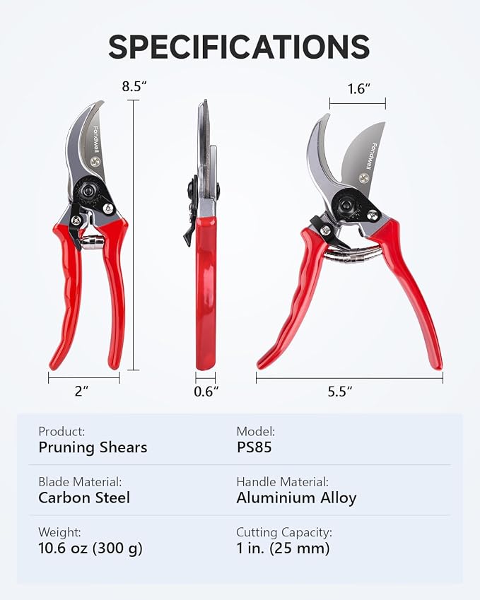 Fondwell 8.5" Professional Hand Pruners Bypass Pruning Shears for Gardening | Heavy Duty Garden Clippers, Cuts 1-Inch Branches, Comfortable Use - Trusted by Professional Landscapers and Nursery Workers