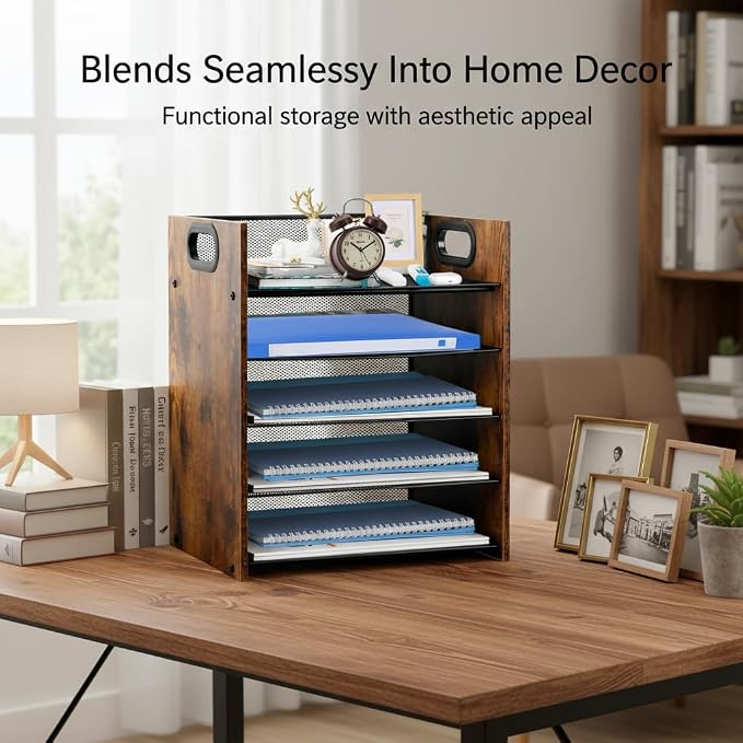 Desk Organizer - 5-Tier Desktop File Organizer, Wooden Paper Tray Organizer, Office Desk Organzier and Accessories for Papers, Mail, Notebooks, Stationery