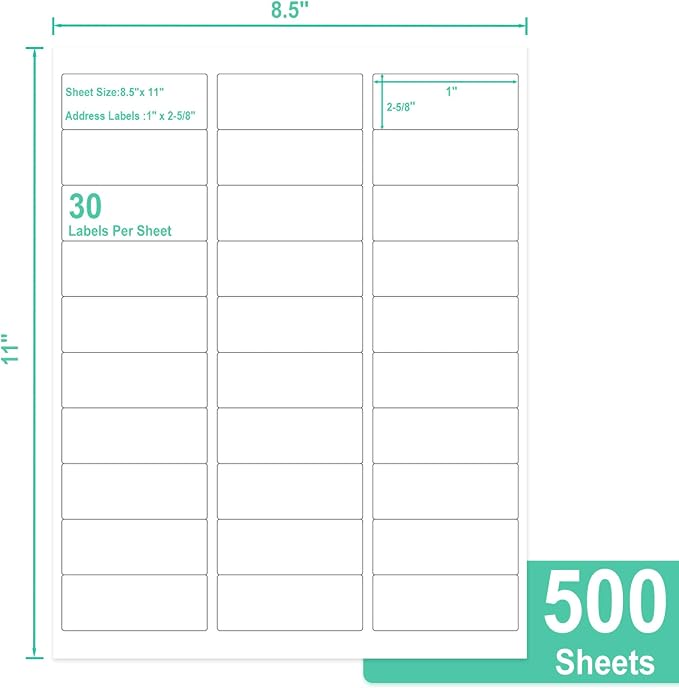 L LIKED Printable Address Labels, 1" x 2-5/8", 15000 Labels, 30 per Sheet, Blank Mailing Labels for Envelopes (500 Sheets)