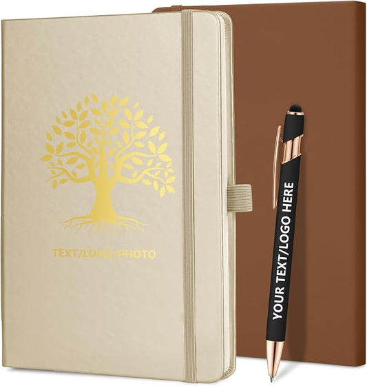 ENOMY Personalized Notebook 10 PC Pens Custom Notebook with Pen Holder Personalized Journal Strap Design for Men Women Ideal Gift, Gold