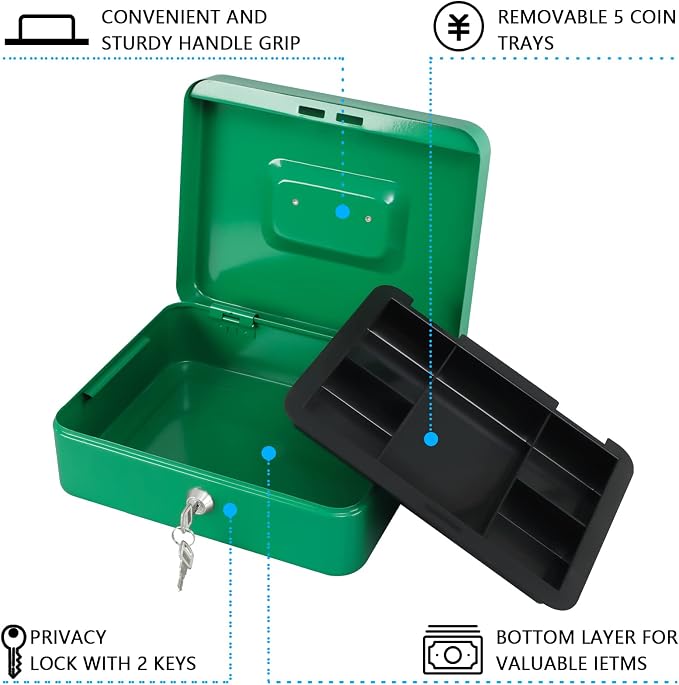KYODOLED Large Lock Box with Money Tray,Storage Cash Box with Lock,Safe Metal Box for Money,9.84"x 7.87"x 3.54" Green Large