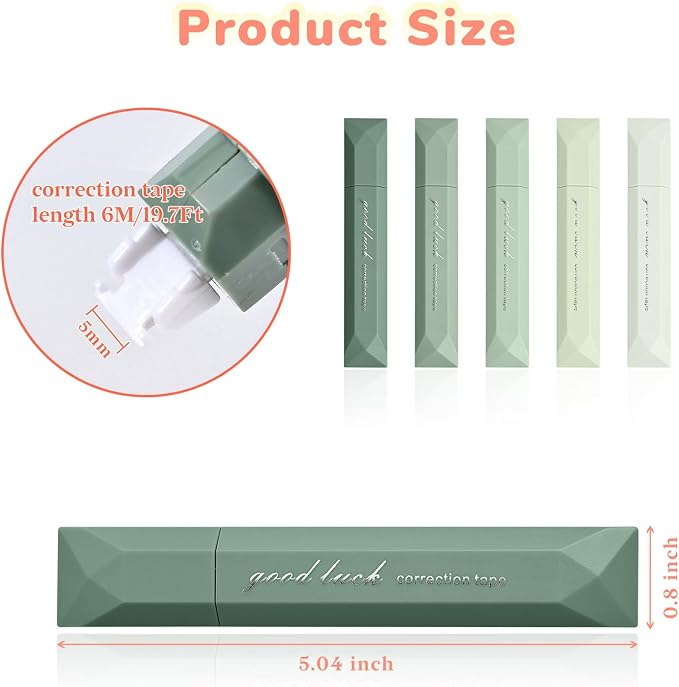 Temiary 5 Pcs White Correction Tapes, Aesthetic Correction Tape Pens Smooth Pull Out, Easy to Use Pen Shaped Applicator for Students School Office Supplies (Green)