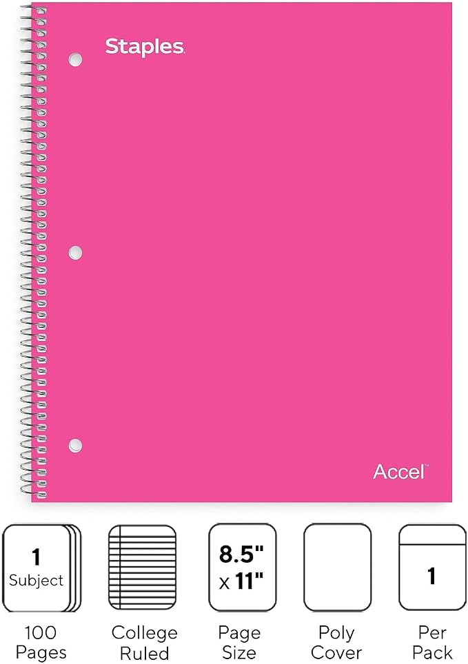 STAPLES Premium 1 Subject Notebook, 8.5 inch x 11 inch, College Ruled, 100 Sheets, Pink, 3/Pack