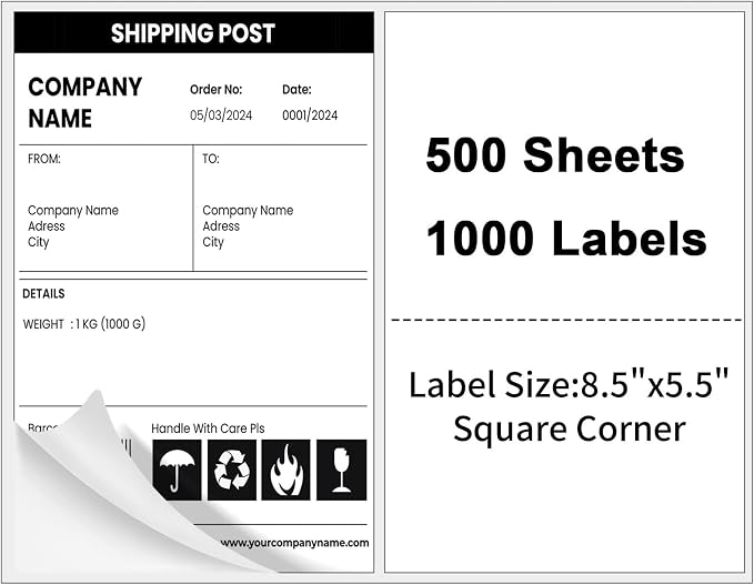 Half Sheet Shipping Labels,Self Adhesive Mailing Labels for Laser & Inkjet Printers,White 8.5x5.5 Half Page Label,500 Sheets