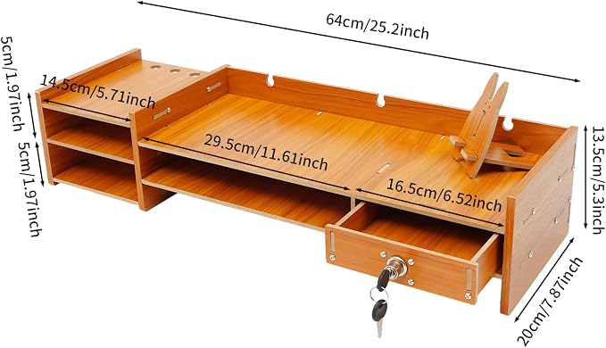 Computer Monitor Stand, Wooden Monitor Riser with Lockable Drawer and Storage, Multi Wooden Desktop Storage Stand for Laptop Printer Screen and Office Supplies Organizer, 25.2" x 7.87" x 5.33" (1 Drawer)