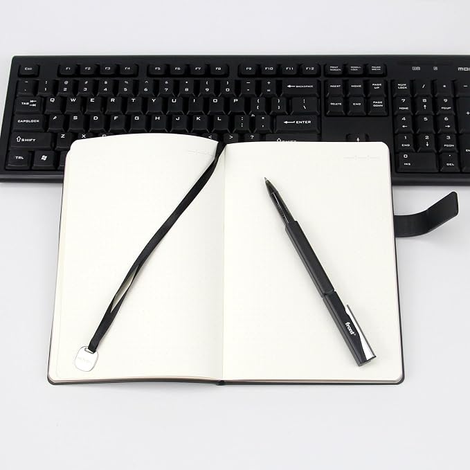A5 Hard Cover Dot Grid Notebook, Pen Holder & Gold Edges, 180° Lay Flat Journal, Large 5.7 x 8.4 in, Bookmark & Gift Box, Business Notebook for Work, Study, Travel(Black)