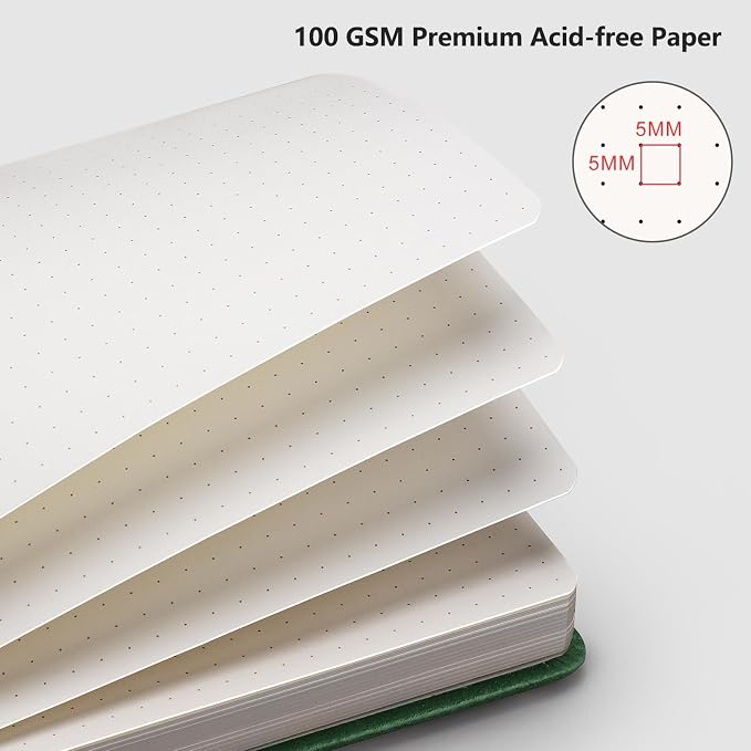 AHGXG Dotted Journal Notebook, 192 Pages, A5 Medium Size (5.7'' x 8.3'') | Leather Hardcover, 100 GSM Thick Paper, for Journaling, Planning, Tracking (Dark green)