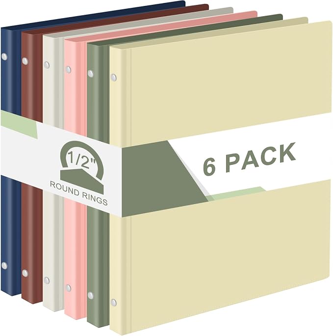 Fulmoon 6 Pack Plastic 3 Ring Binder Assorted Colors Economy Flexible Round Ring Presentation Binders with Pocket for Office School Meeting(0.5 Inch,Morandi Colors)