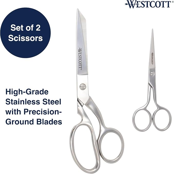 Westcott Forged 8in & 5in Scissors for Fabric and Paper Crafts, 2-Pack, Detail Snips and Heavy Duty Shears, Dressmaker Shears for Sewing, Tailoring, Quilting, Art, Office
