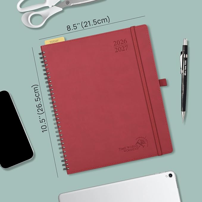 POPRUN Planner 2026-2027 (Large - 8.5'' x 10.5'') Academic Weekly Planner | Calendar(July 2026 - June 2027) Appointment Book with Hourly Time Slots, Monthly Tabs, 100GSM, Spiral Leather Cover - Brown