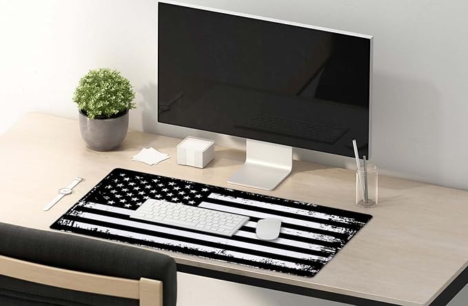 SSOIU Desk Mat, Extended Gaming Mouse Pad (35.5x15.7 in), Large Non-Slip Rubber Base Mousepad with Stitched Edges, Waterproof Keyboard Mouse Mat Desk Pad - Grunge American Flag USA Flag Black White