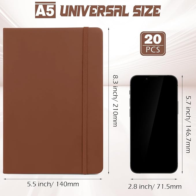 Honoson 20 Pack A5 Lined Journal Notebooks Hardcover Executive Notebook 5.5" x 8.3" PU Leather Wide Ruled Journals Bulk 160 Pages for Back to School Supplies Office Business Home (Brown)