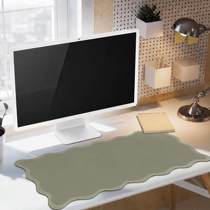 Hahafelt Scalloped Desk Mat Large Desk Pad Cute Coquette Table Mat Back to School Preppy Table Make up Pad Nonslip Graduation Gift with Stitching Waterproof Gaming(Sage Green,31.5 x 15.8 Inches)
