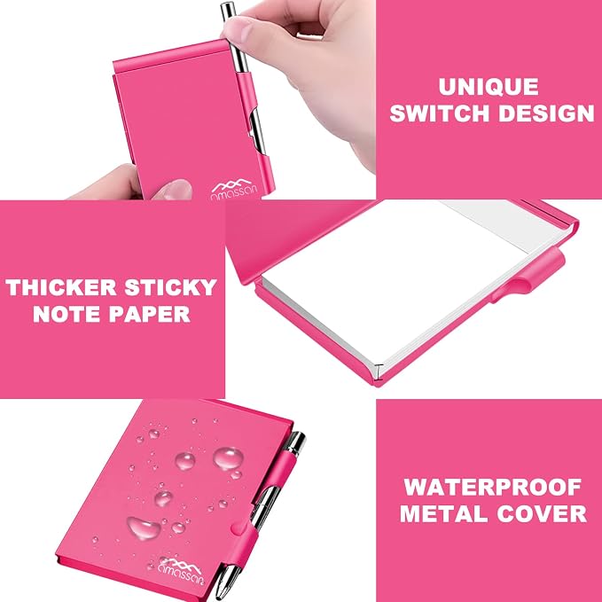 Metal Pocket Notebook, Portable Small Pocket Notepad Aluminum Note Case with Mini Metal Pen and 60-Page Sheets (Rose Pink)