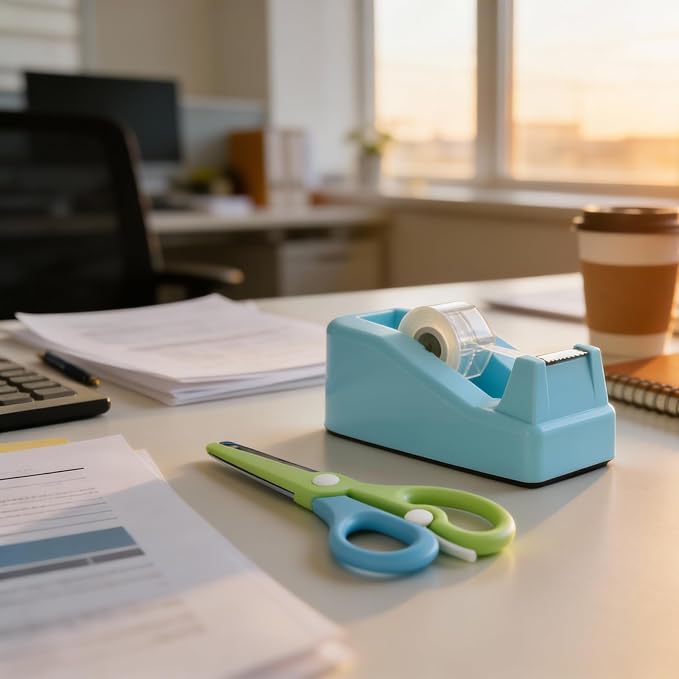 XEUZK Desktop Tape Dispenser Kits with Weighted Nonskid Base Tape Dispenser- Includes 9 Rolls of Transparent Tape(0.71 Inch x 500 inches Each) & Blue Scissors, 2 Pcs Tweezers (Lake Blue)