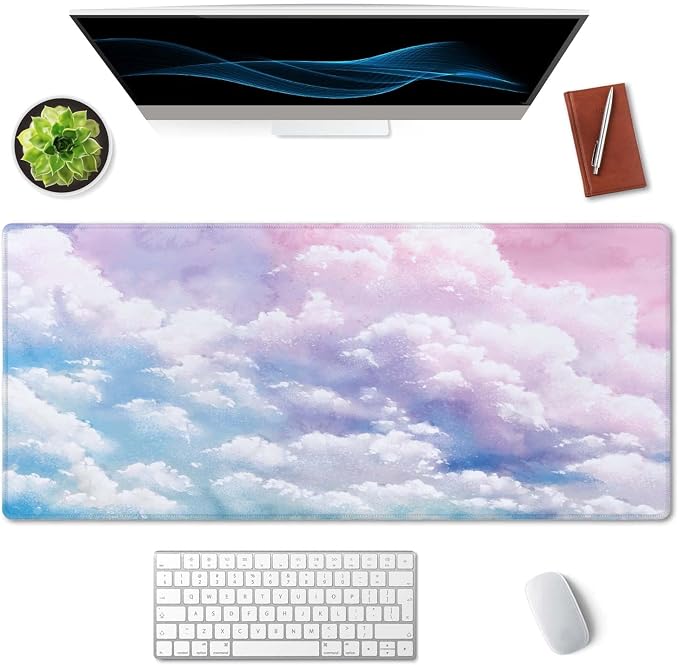 SSOIU Watercolor Pastel Sky Desk Mat, Cloud and Pink Sky Extended Mouse Pad, XXL Gaming Mouse Pad, 35.5x15.7inch