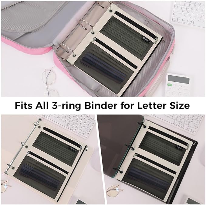 SKYDUE 3 Ring Pencil Pouch for Binder, Zipper Binder Pencil Pouch with 3 Pockets and Mesh Window, Durable Organizer for School Supplies, Cables, Earbuds, Makeup