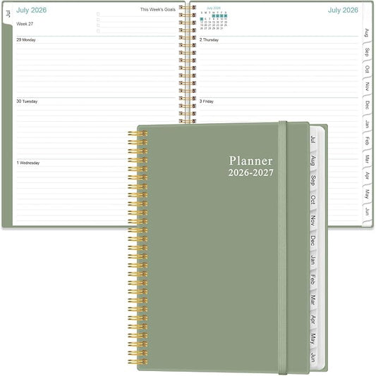 2026-2027 Planner - Academic Planner 2026-2027 from July 2026 to June 2027 with 12 Monthly Tabs, Flexible Cover, Inner Pocket, 8.5" x 11", Green