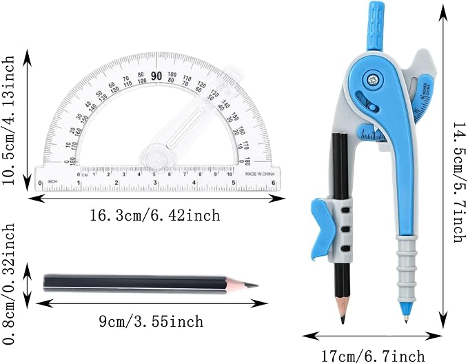 Vobou Compass and Protractor Set, 6 Inch Protractor with Swing Arm (Blue) | Compasses for Math for Drafting, Sharpener, Eraser and 180 Degree 6 Inch Clear Protractor, Easy Grip, School Supplies