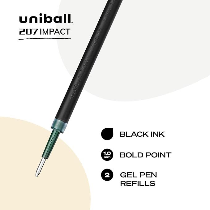 Uniball 207 Impact Gel Pen Refills, Bold Point (1.0mm), Black Ink, 2 Pack